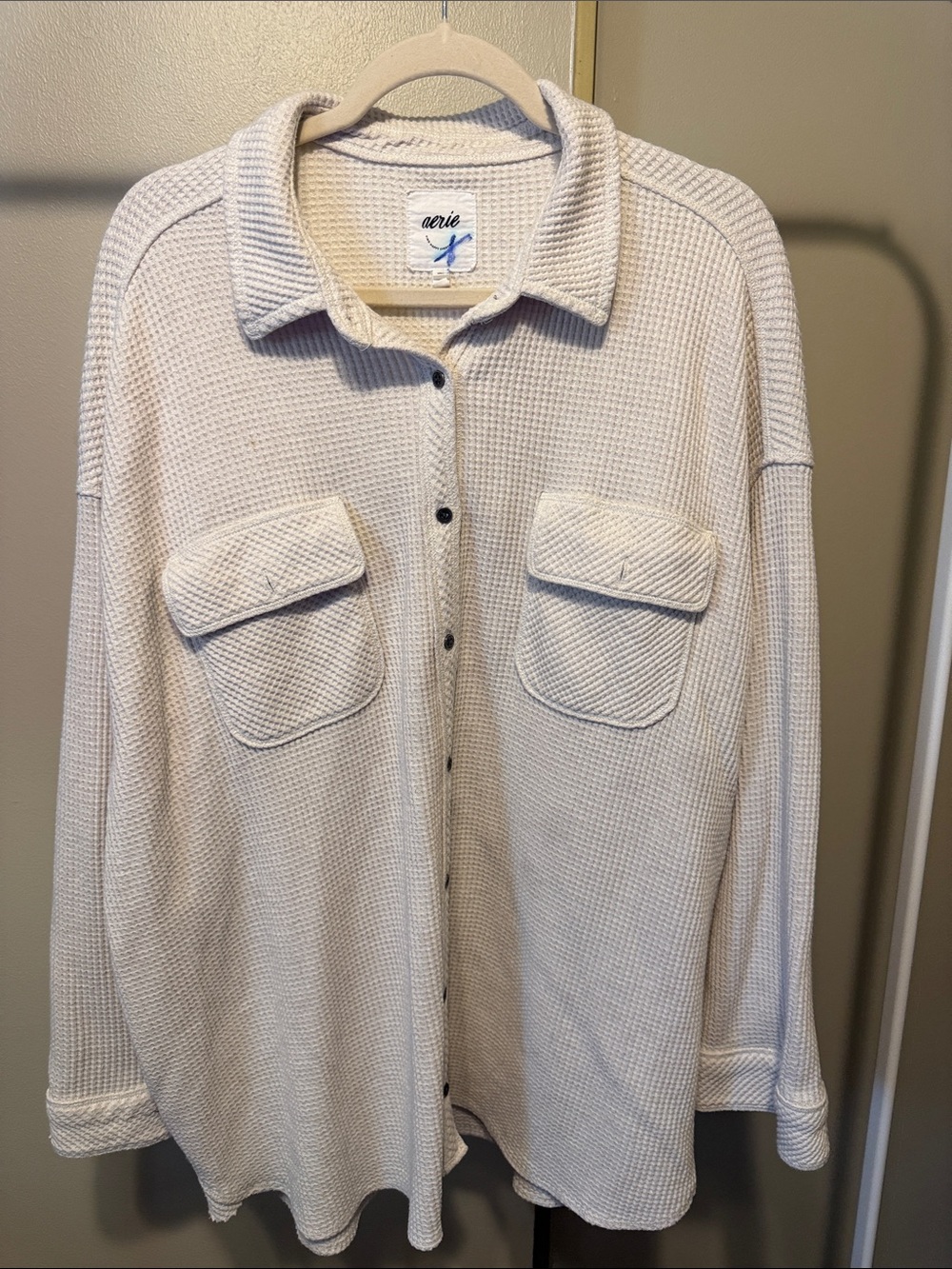 aerie White Waffle-Knit Top with Blue Ink Detail XXL